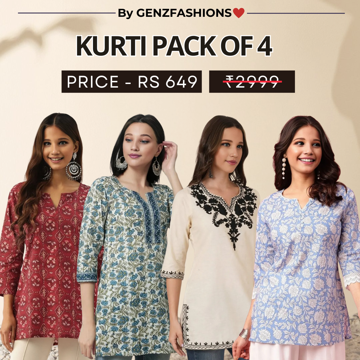 4 Combo Pack Cotton Short Kurtis | Summer Cotton Bliss | 3/4 Sleeve
