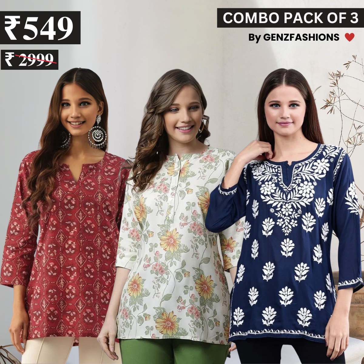 3 Combo Pack Cotton Short Kurtis | Summer Cotton Bliss | 3/4 Sleeve