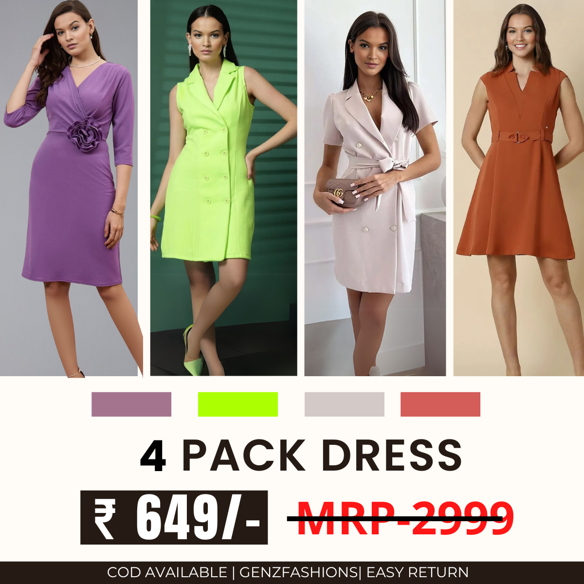 Pack of 4 Women’s Dresses: Chic, Trendy, and Timeless