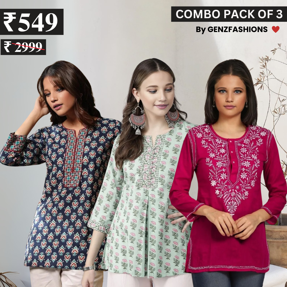 3 Combo Pack Cotton Short Kurtis | Summer Cotton Bliss | 3/4 Sleeve
