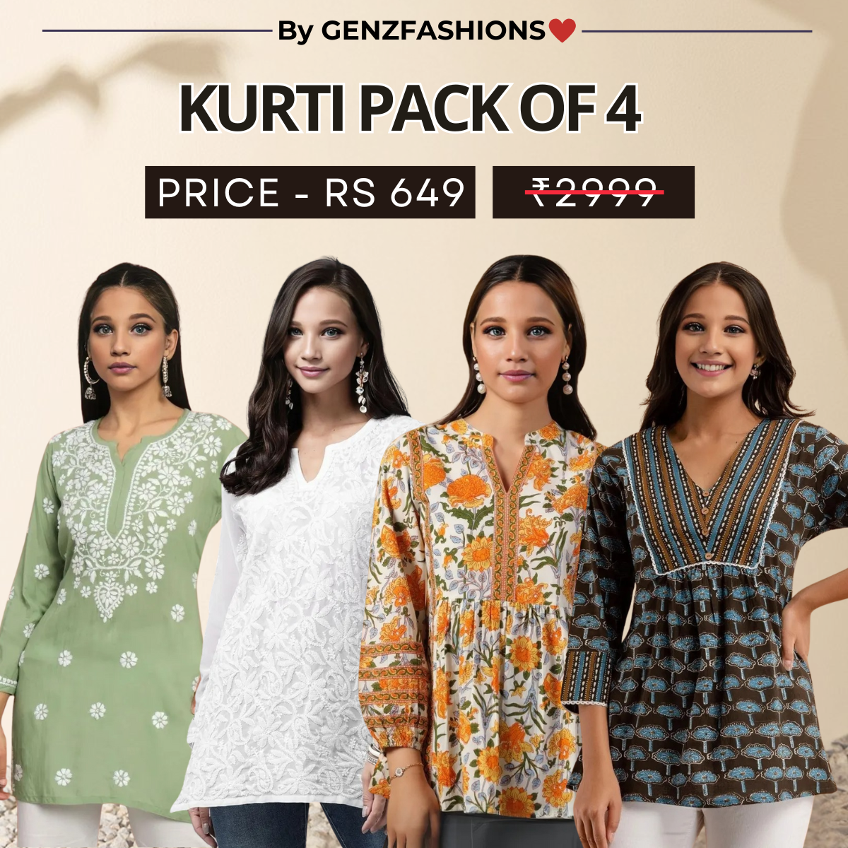 4 Combo Pack Cotton Short Kurtis | Summer Cotton Bliss | 3/4 Sleeve