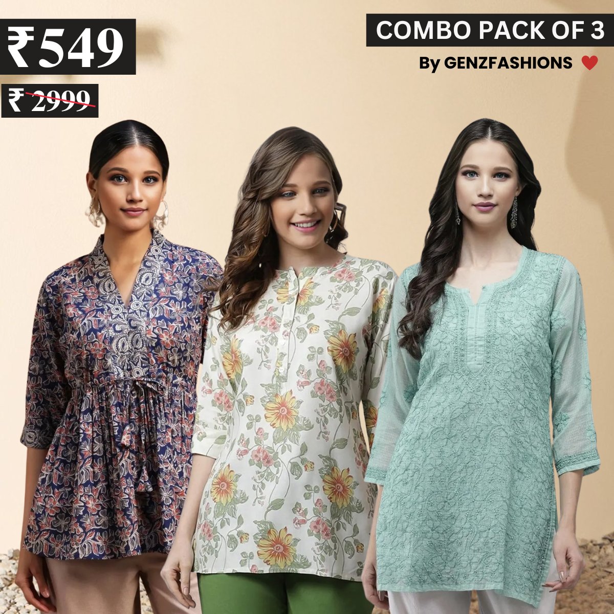 3 Combo Pack Cotton Short Kurtis | Summer Cotton Bliss | 3/4 Sleeve