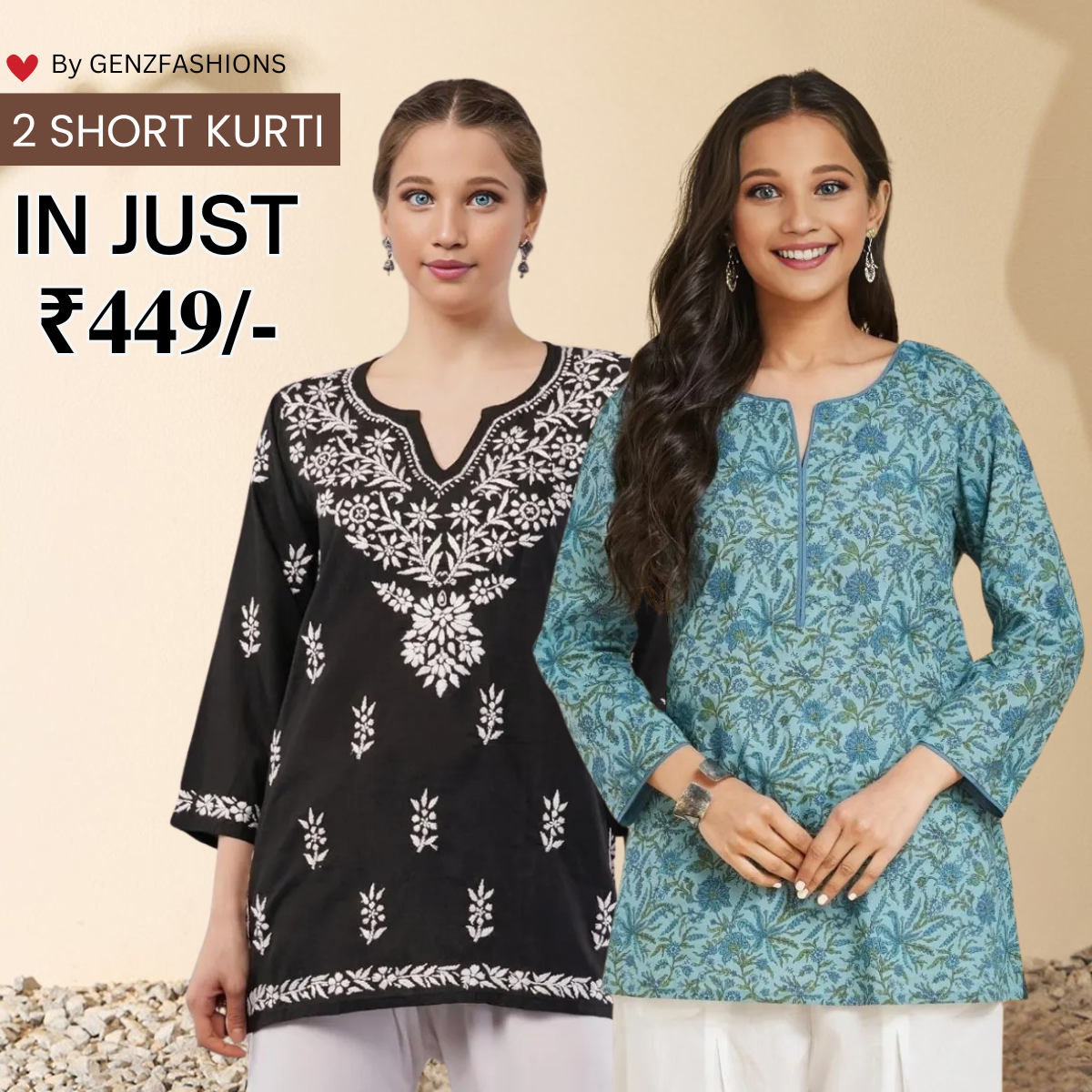 2-Pack Cotton Short Kurtis | Summer Cotton Bliss | 3/4 Sleeve