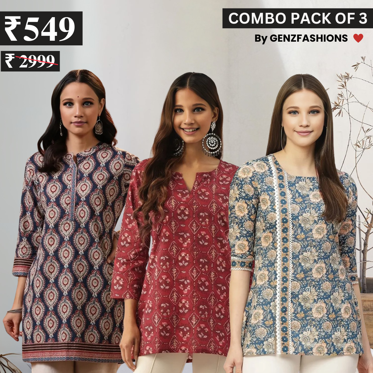 3 Combo Pack Cotton Short Kurtis | Summer Cotton Bliss | 3/4 Sleeve