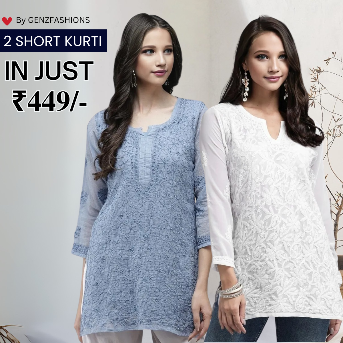 2-Pack Cotton Short Kurtis | Summer Cotton Bliss | 3/4 Sleeve