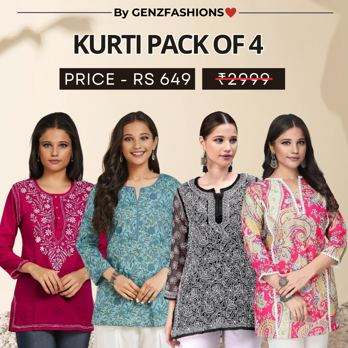 4 Combo Pack Cotton Short Kurtis | Summer Cotton Bliss | 3/4 Sleeve