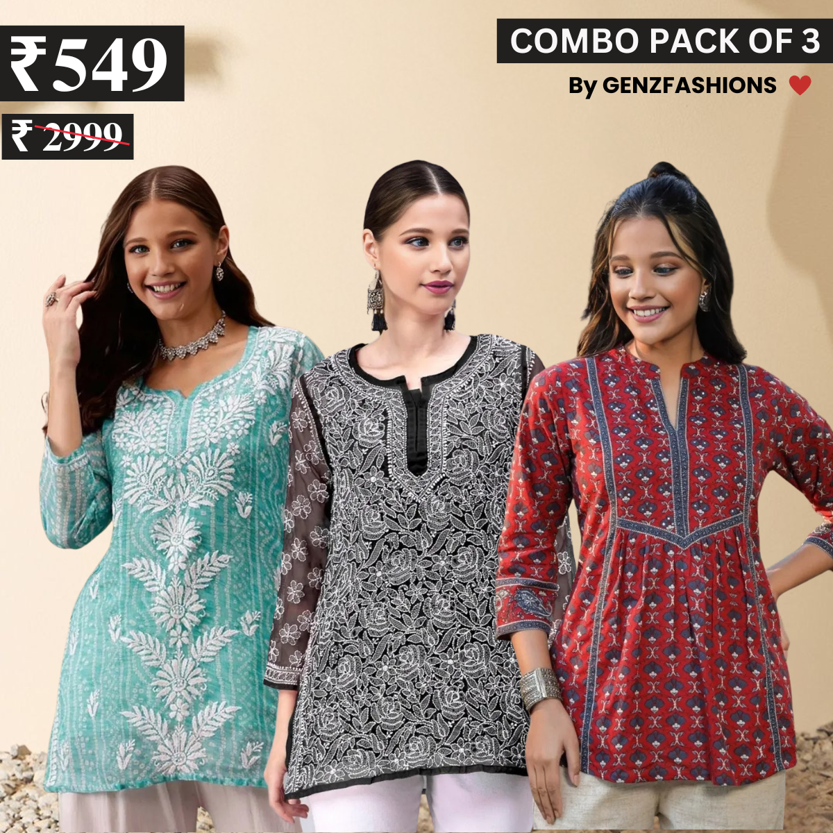 3 Combo Pack Cotton Short Kurtis | Summer Cotton Bliss | 3/4 Sleeve