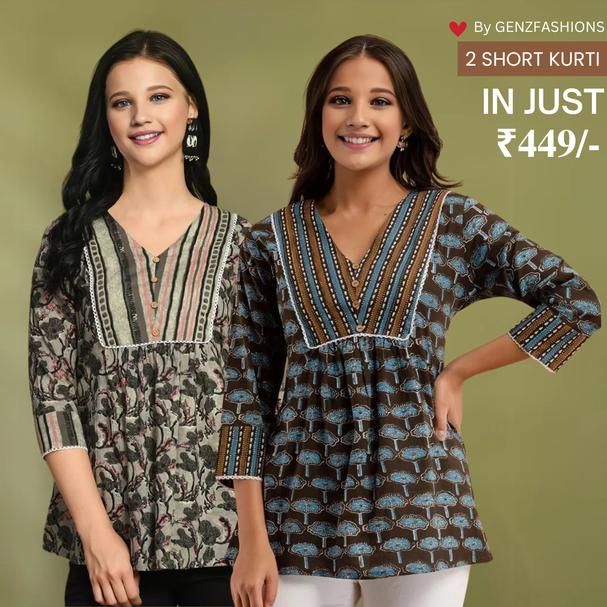 2-Pack Cotton Short Kurtis | Summer Cotton Bliss | 3/4 Sleeve