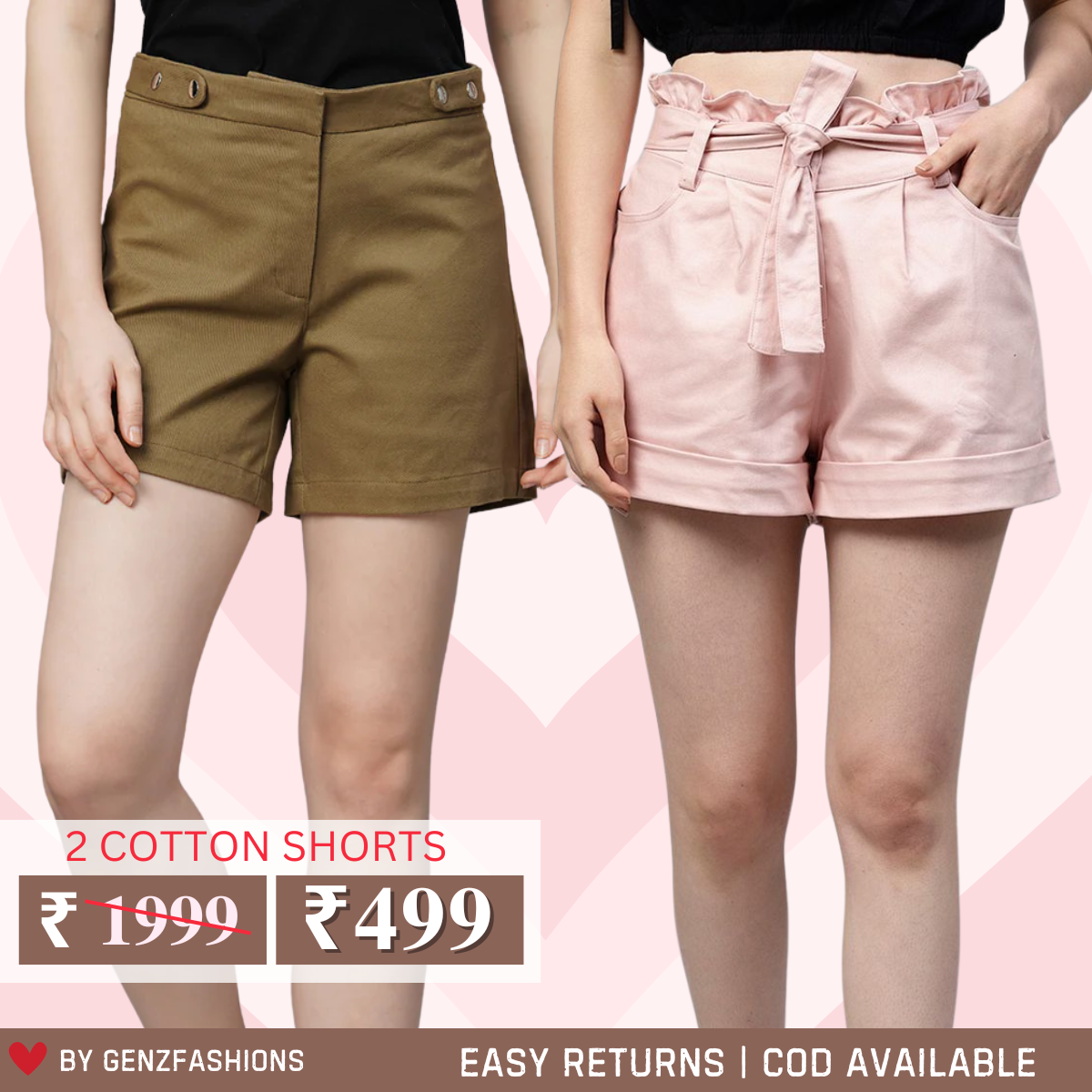 Gorgeous Regular Fit Cotton Shorts for Women | Pack Of 2 | With Belt