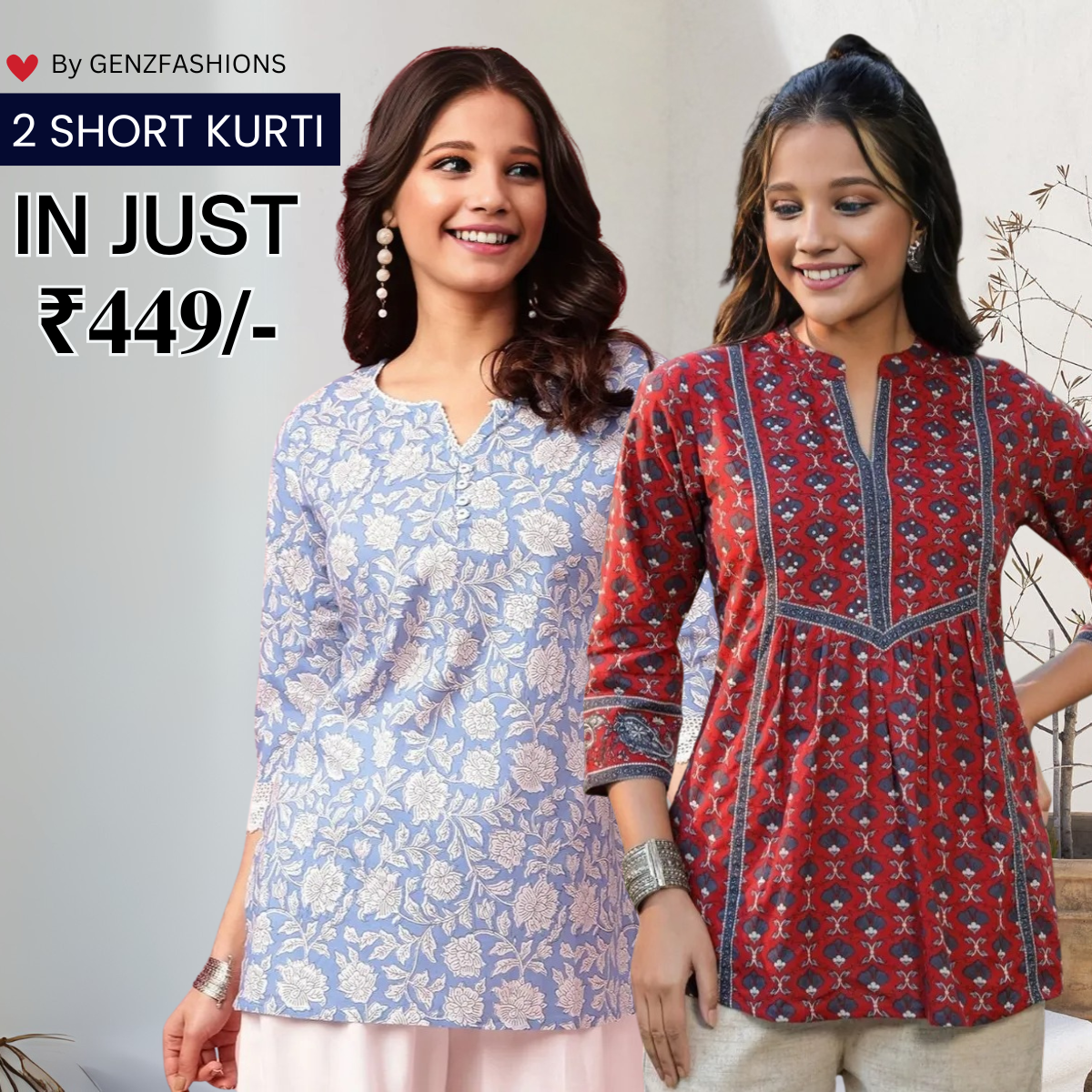 2-Pack Cotton Short Kurtis | Summer Cotton Bliss | 3/4 Sleeve