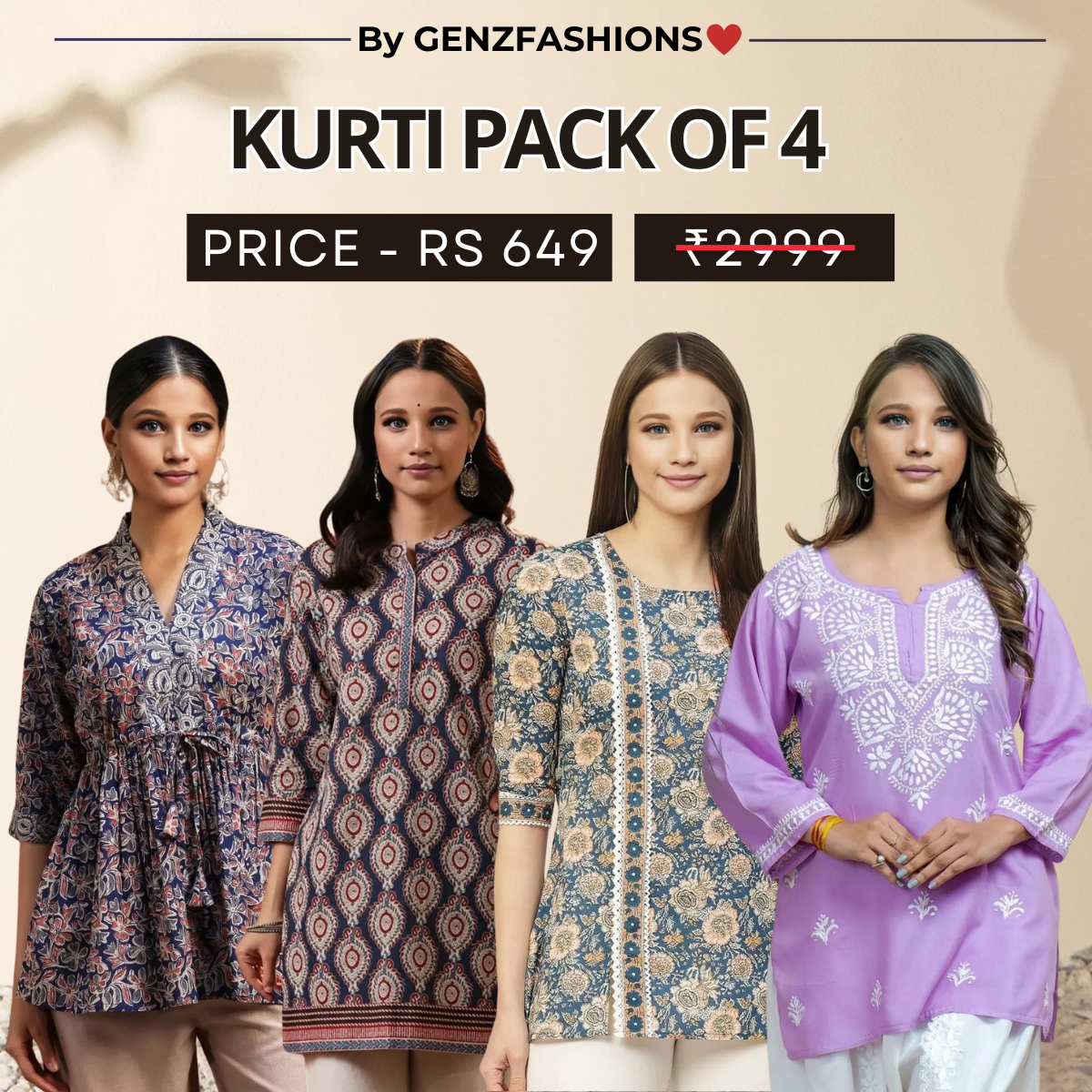 4 Combo Pack Cotton Short Kurtis | Summer Cotton Bliss | 3/4 Sleeve