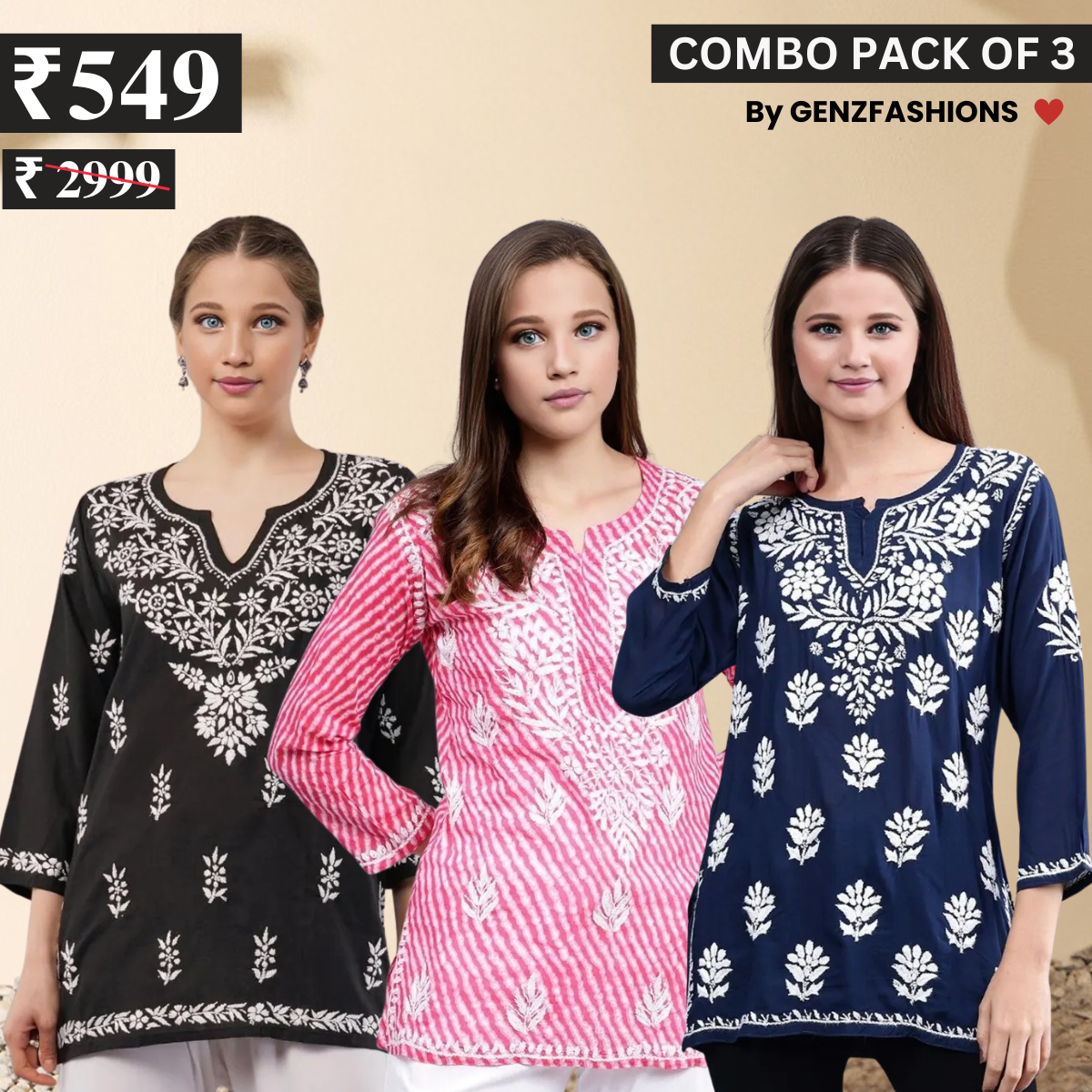 3 Combo Pack Cotton Short Kurtis | Summer Cotton Bliss | 3/4 Sleeve