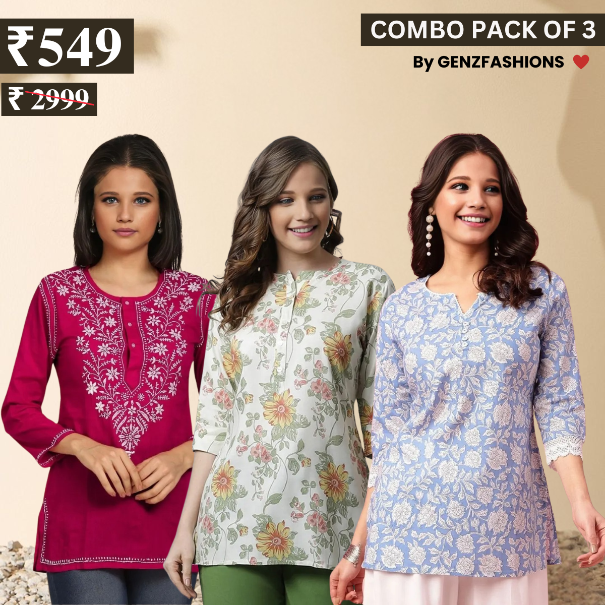 3 Combo Pack Cotton Short Kurtis | Summer Cotton Bliss | 3/4 Sleeve