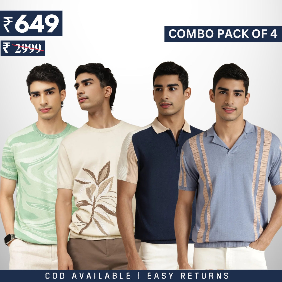 Men's Style & Comfort Premium T-Shirts | Half Sleeves | Combo Pack Of 4