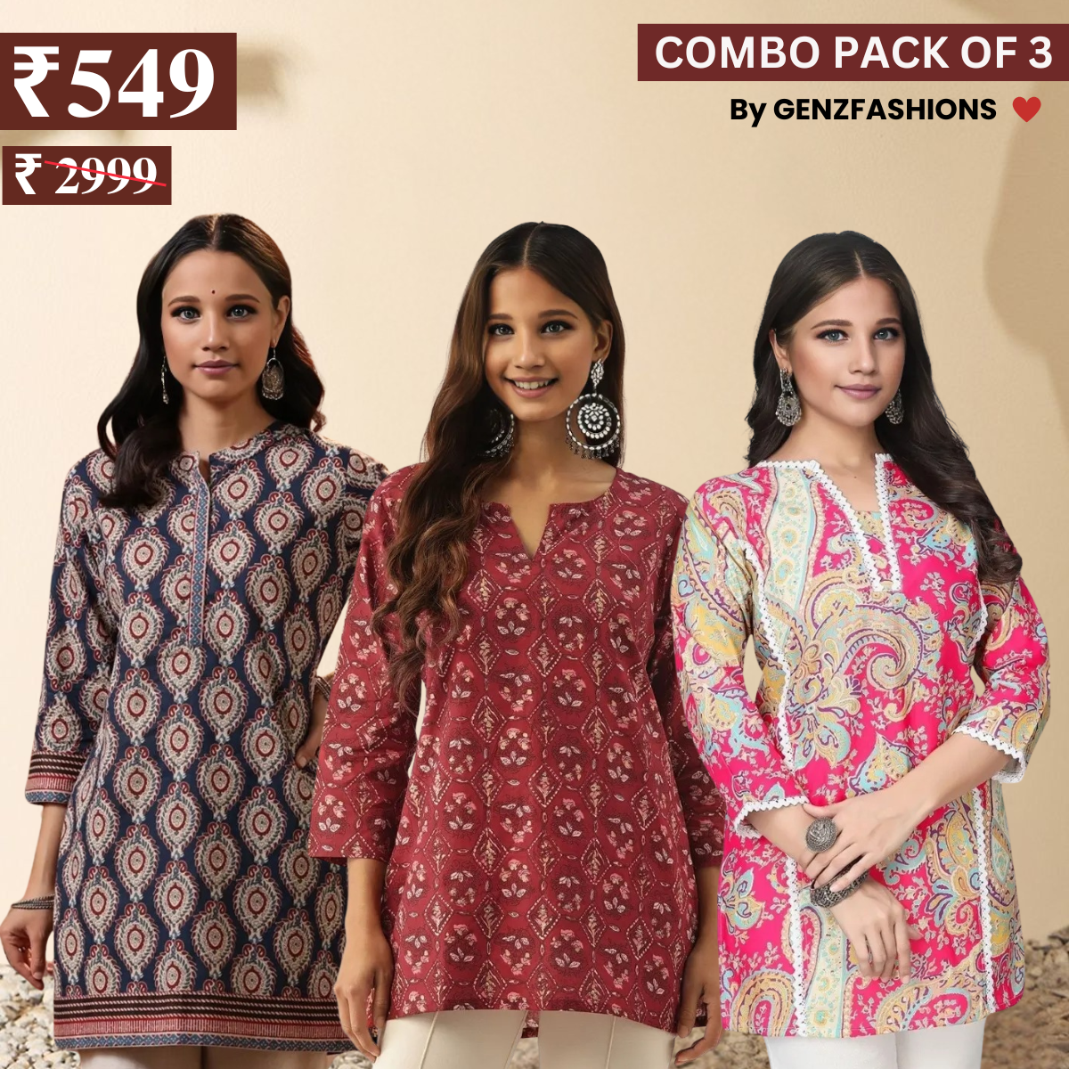 3 Combo Pack Cotton Short Kurtis | Summer Cotton Bliss | 3/4 Sleeve
