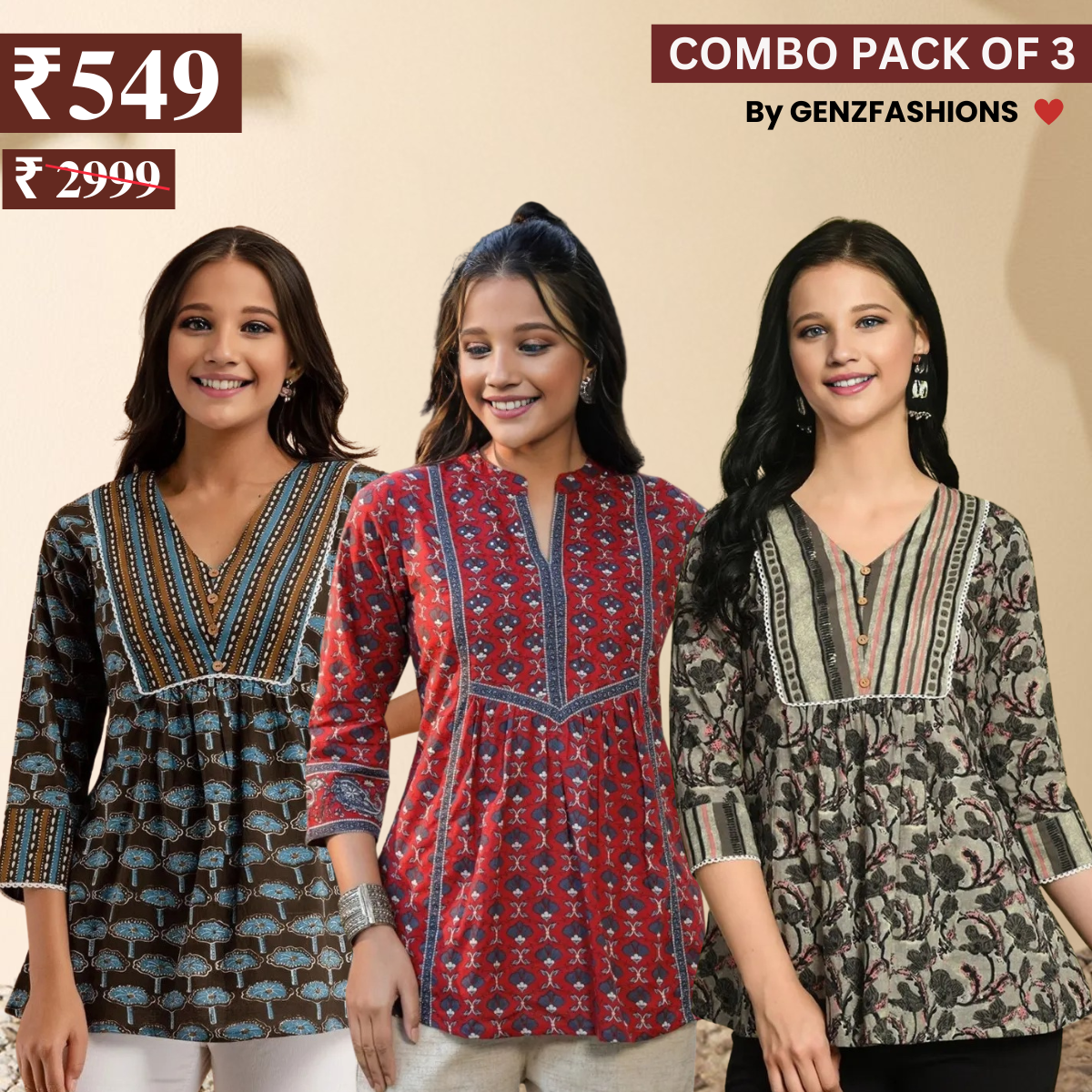 3 Combo Pack Cotton Short Kurtis | Summer Cotton Bliss | 3/4 Sleeve