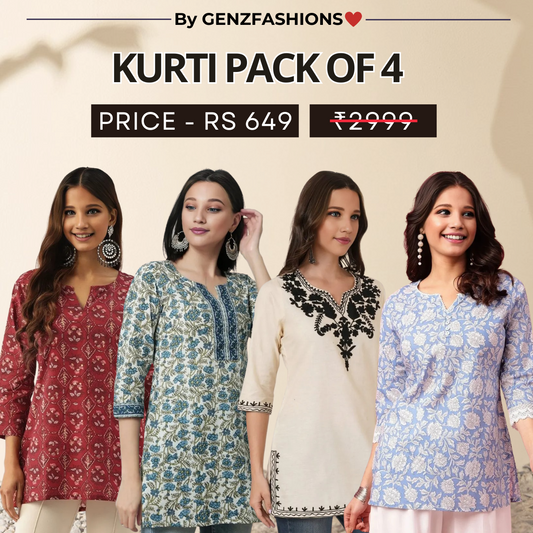 4 Combo Pack Cotton Short Kurtis | Summer Cotton Bliss | 3/4 Sleeve