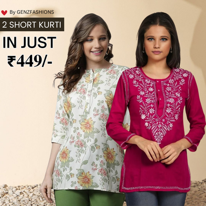 2-Pack Cotton Short Kurtis | Summer Cotton Bliss | 3/4 Sleeve