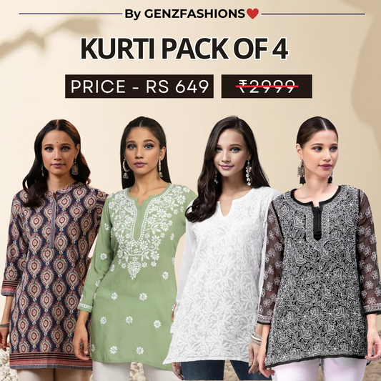 4 Combo Pack Cotton Short Kurtis | Summer Cotton Bliss | 3/4 Sleeve