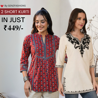 2-Pack Cotton Short Kurtis | Summer Cotton Bliss | 3/4 Sleeve