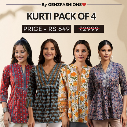 4 Combo Pack Cotton Short Kurtis | Summer Cotton Bliss | 3/4 Sleeve