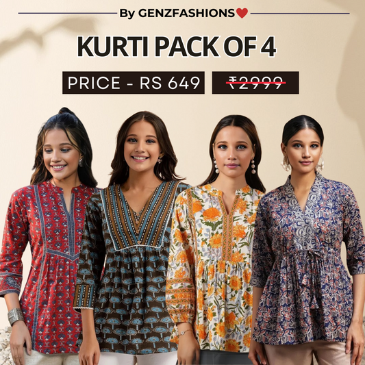 4 Combo Pack Cotton Short Kurtis | Summer Cotton Bliss | 3/4 Sleeve