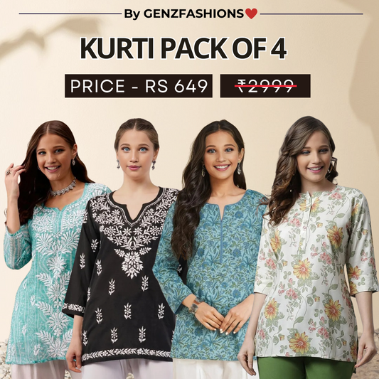4 Combo Pack Cotton Short Kurtis | Summer Cotton Bliss | 3/4 Sleeve