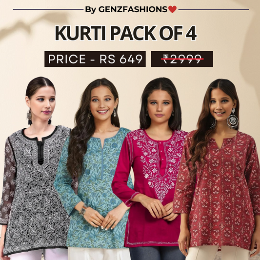 4 Combo Pack Cotton Short Kurtis | Summer Cotton Bliss | 3/4 Sleeve