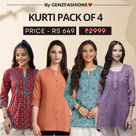 4 Combo Pack Cotton Short Kurtis | Summer Cotton Bliss | 3/4 Sleeve