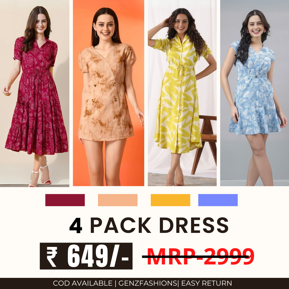 Pack of 4 Women’s Dresses: Chic, Trendy, and Timeless