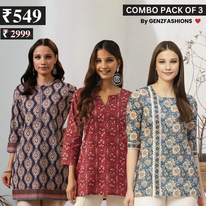3 Combo Pack Cotton Short Kurtis | Summer Cotton Bliss | 3/4 Sleeve