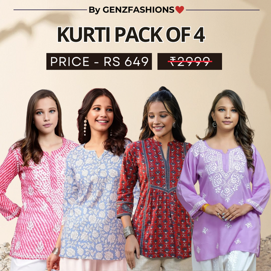 4 Combo Pack Cotton Short Kurtis | Summer Cotton Bliss | 3/4 Sleeve