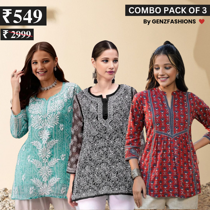 3 Combo Pack Cotton Short Kurtis | Summer Cotton Bliss | 3/4 Sleeve