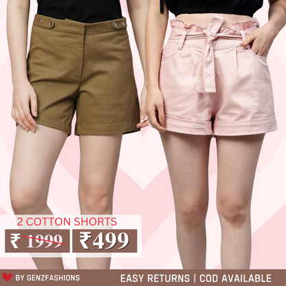 Gorgeous Regular Fit Cotton Shorts for Women | Pack Of 2 | With Belt