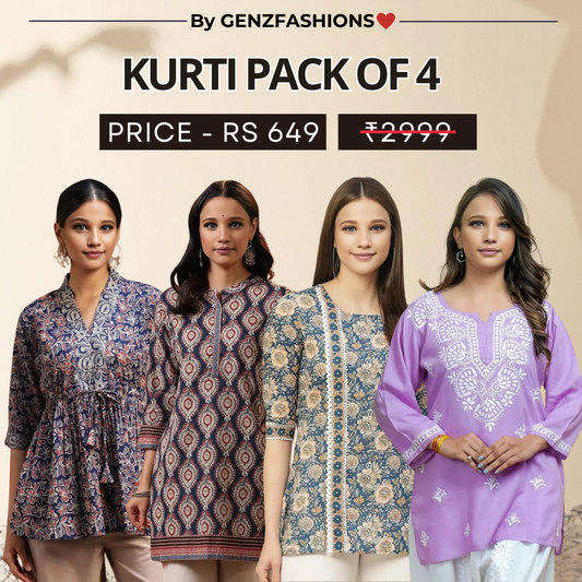 4 Combo Pack Cotton Short Kurtis | Summer Cotton Bliss | 3/4 Sleeve