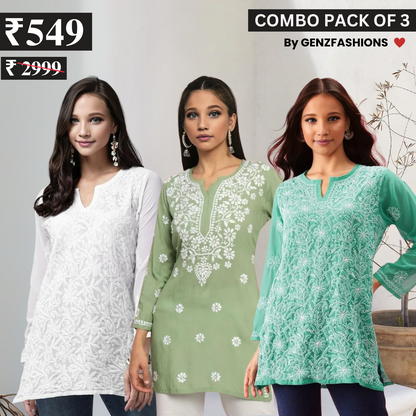 3 Combo Pack Cotton Short Kurtis | Summer Cotton Bliss | 3/4 Sleeve