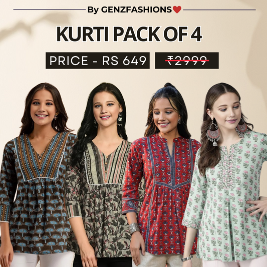 4 Combo Pack Cotton Short Kurtis | Summer Cotton Bliss | 3/4 Sleeve