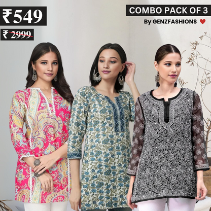 3 Combo Pack Cotton Short Kurtis | Summer Cotton Bliss | 3/4 Sleeve
