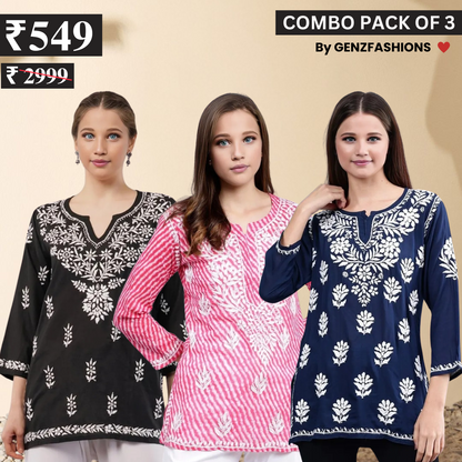 3 Combo Pack Cotton Short Kurtis | Summer Cotton Bliss | 3/4 Sleeve