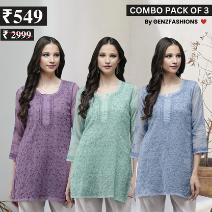 3 Combo Pack Cotton Short Kurtis | Summer Cotton Bliss | 3/4 Sleeve