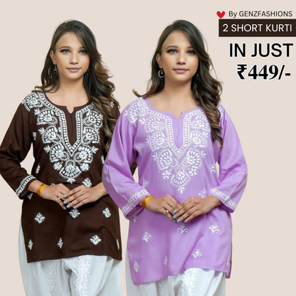 2-Pack Cotton Short Kurtis | Summer Cotton Bliss | 3/4 Sleeve
