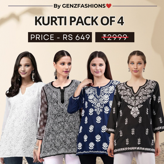 4 Combo Pack Cotton Short Kurtis | Summer Cotton Bliss | 3/4 Sleeve
