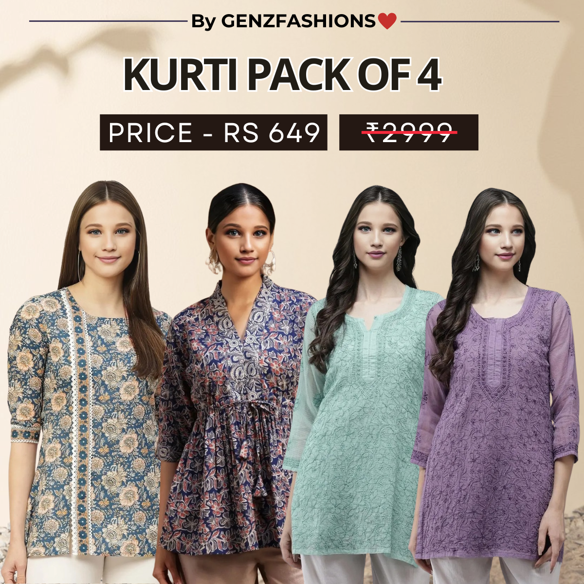 4 Combo Pack Cotton Short Kurtis | Summer Cotton Bliss | 3/4 Sleeve