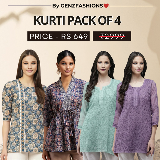 4 Combo Pack Cotton Short Kurtis | Summer Cotton Bliss | 3/4 Sleeve