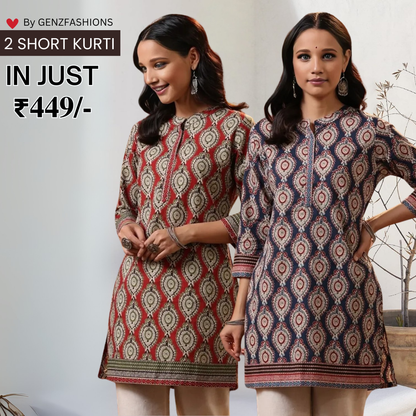 2-Pack Cotton Short Kurtis | Summer Cotton Bliss | 3/4 Sleeve