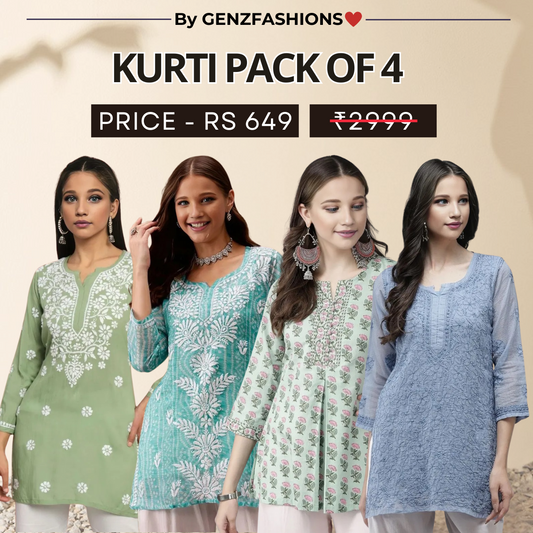 4 Combo Pack Cotton Short Kurtis | Summer Cotton Bliss | 3/4 Sleeve