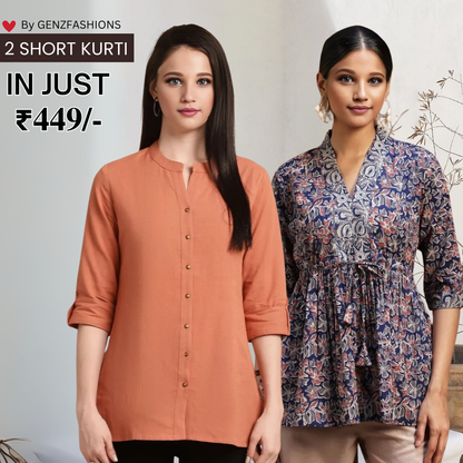 2-Pack Cotton Short Kurtis | Summer Cotton Bliss | 3/4 Sleeve