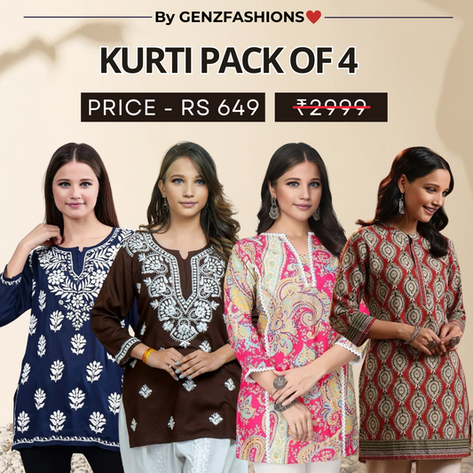 4 Combo Pack Cotton Short Kurtis | Summer Cotton Bliss | 3/4 Sleeve