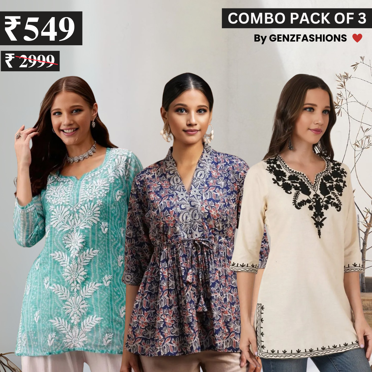 3 Combo Pack Cotton Short Kurtis | Summer Cotton Bliss | 3/4 Sleeve