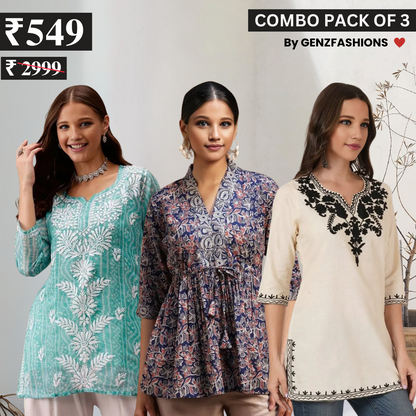 3 Combo Pack Cotton Short Kurtis | Summer Cotton Bliss | 3/4 Sleeve